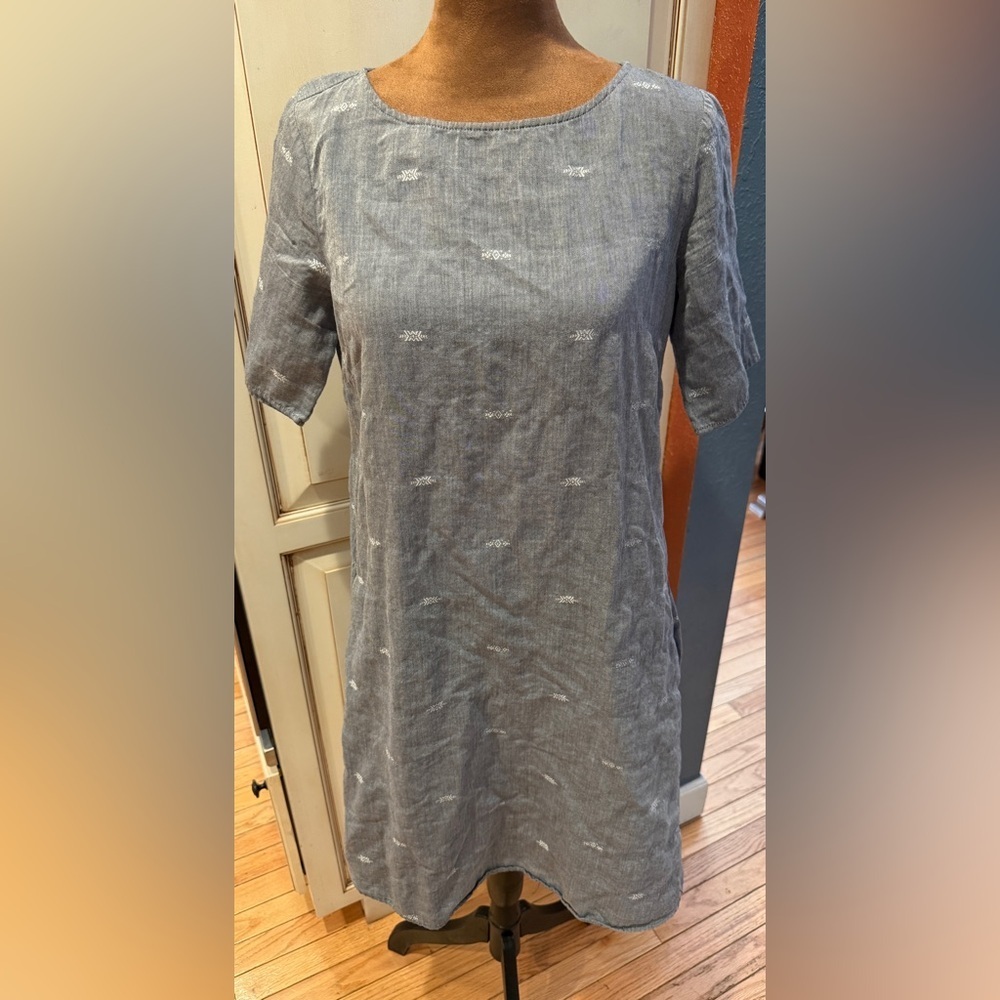 Eileen Fisher Gray Organic Cotton Blend Aztec Print Dress Size XXS has pockets